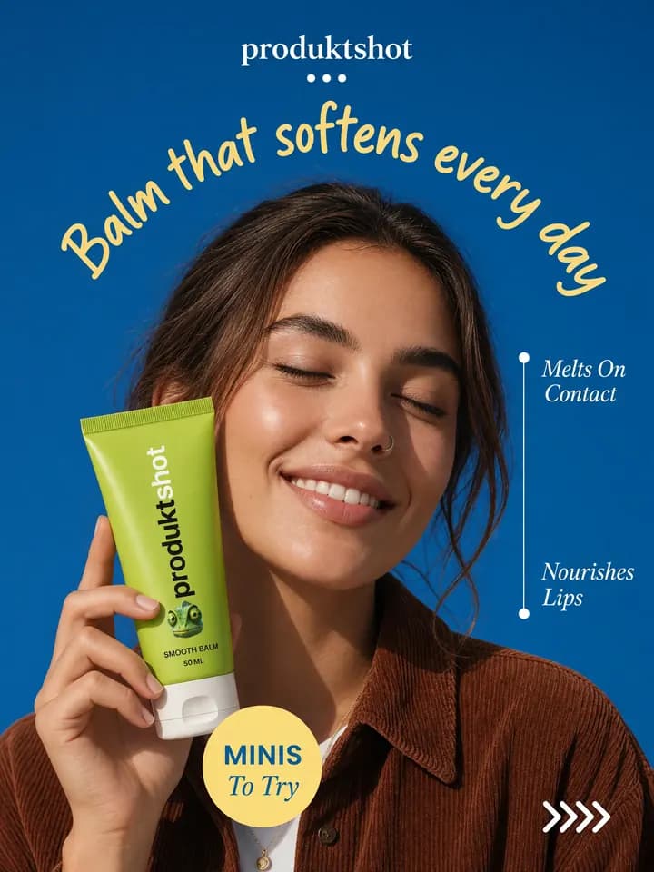 Reklamní plakát: žena drží balzám na rty pod titulkem Balm that softens every day
