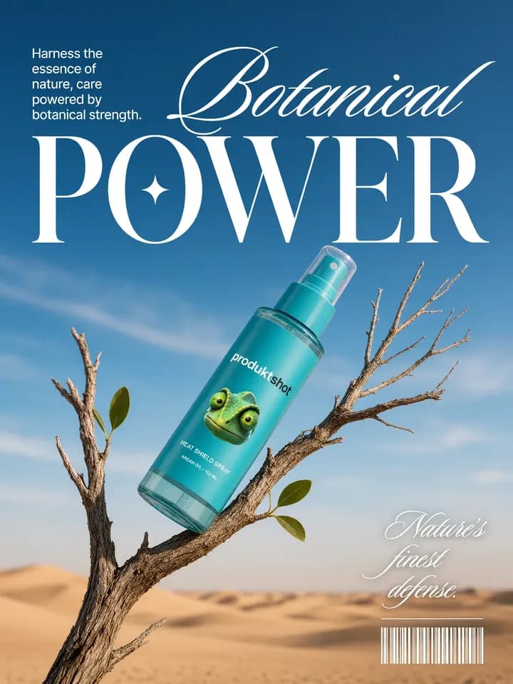 Reklamní plakát: sprej na suché větvi pod titulkem Botanical power