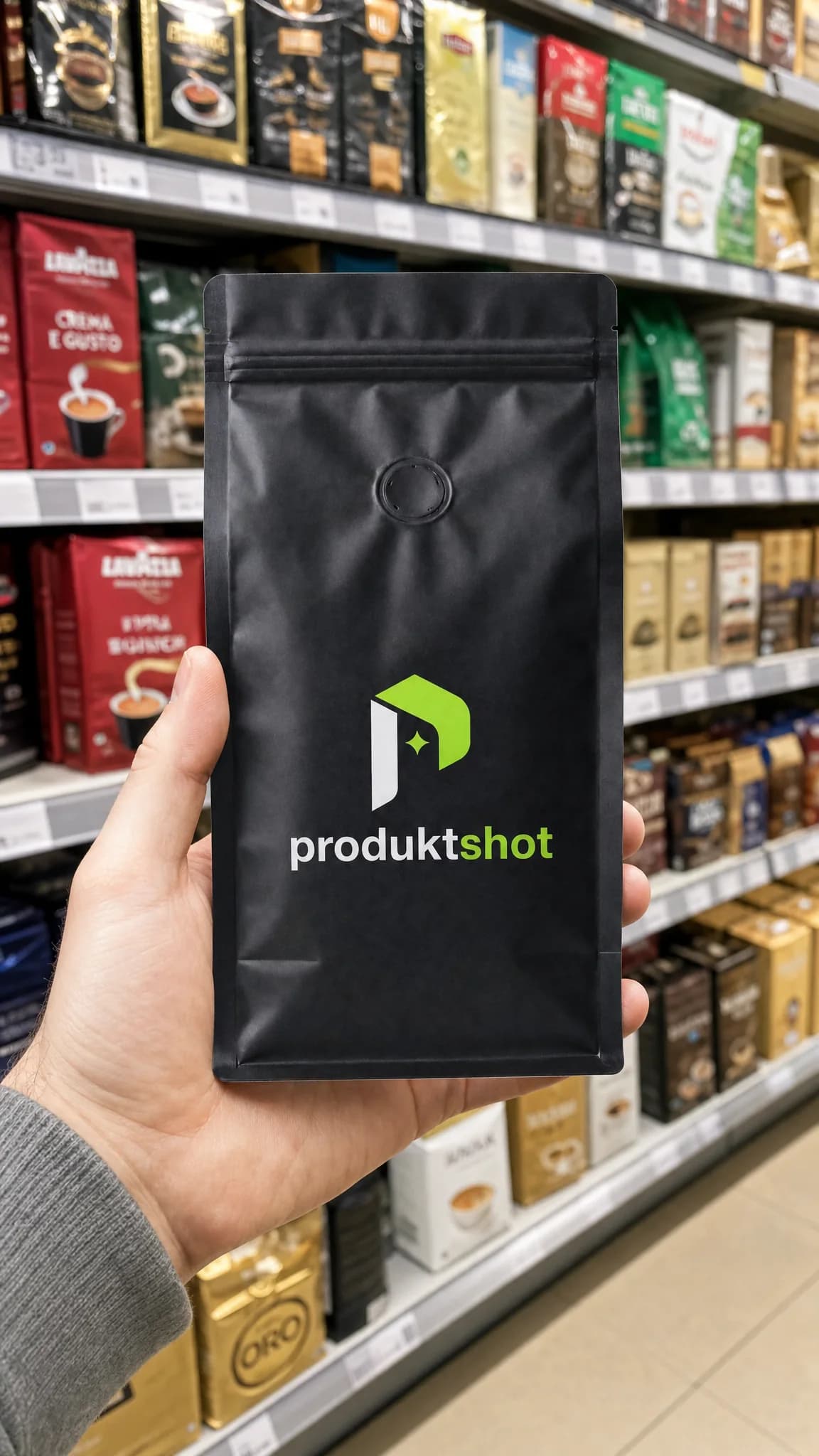 Ruka drží černý sáček kávy ProduktShot v uličce s kávou v supermarketu
