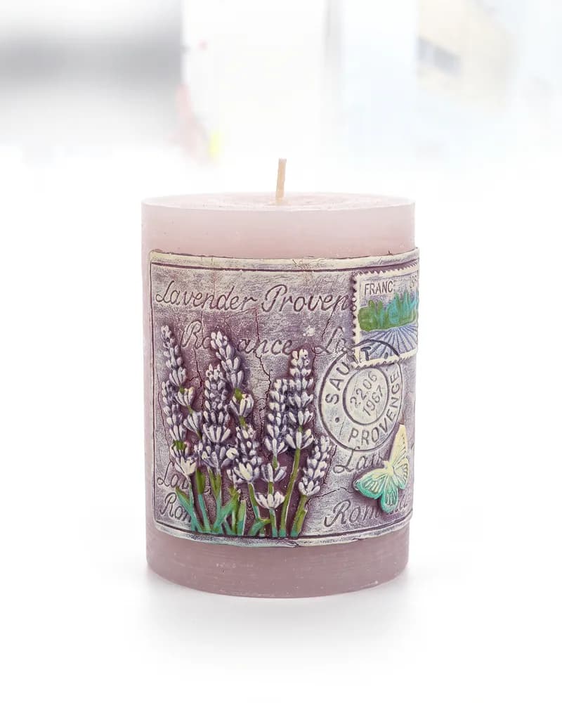 The lilac pillar candle on a white background, made with Nano Banana Pro.