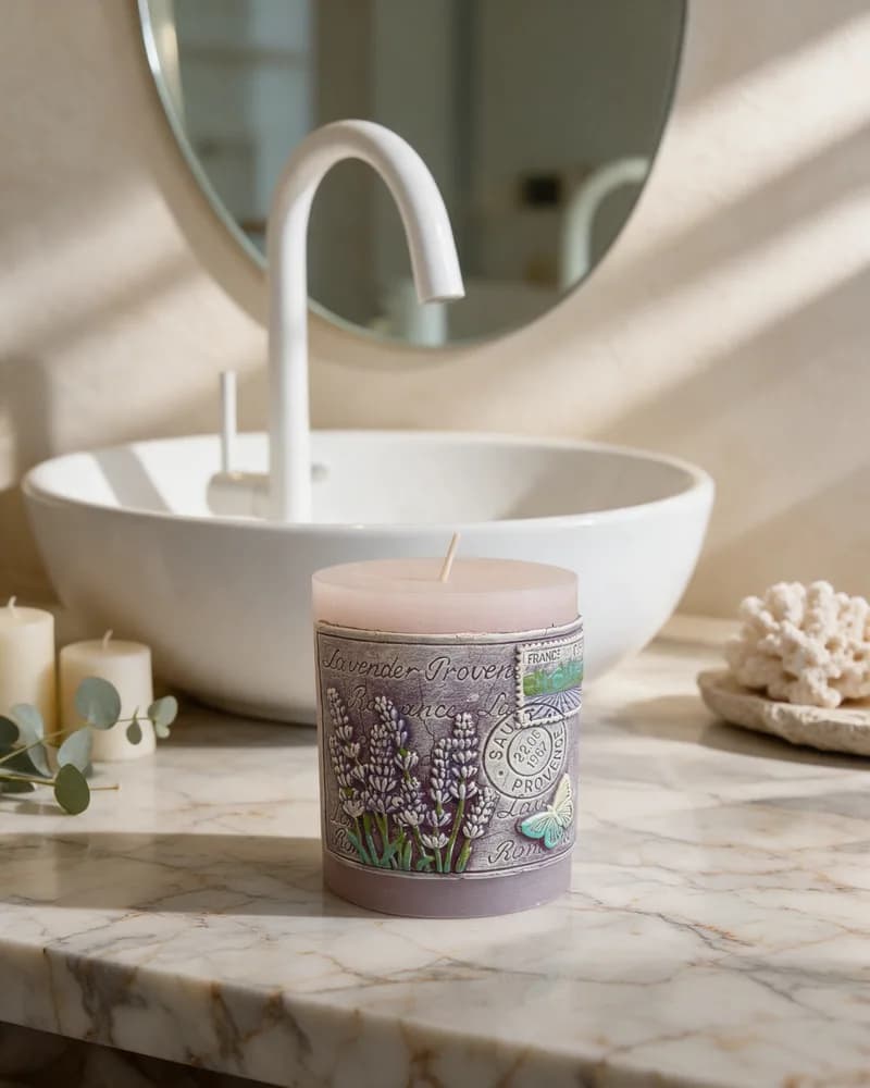 The lilac pillar candle on a marble bathroom vanity beside a round white basin, made with Seedream 5 Pro.