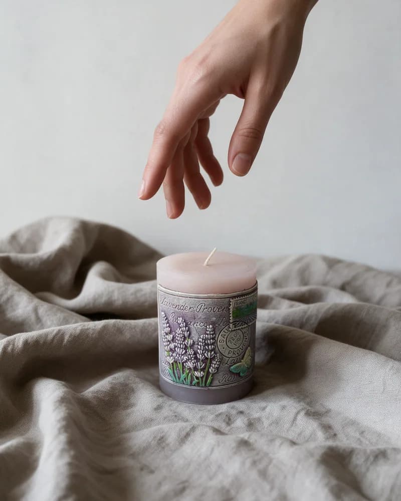 The lilac pillar candle on folds of taupe linen, a hand reaching down towards it, made with Seedream 5 Pro.